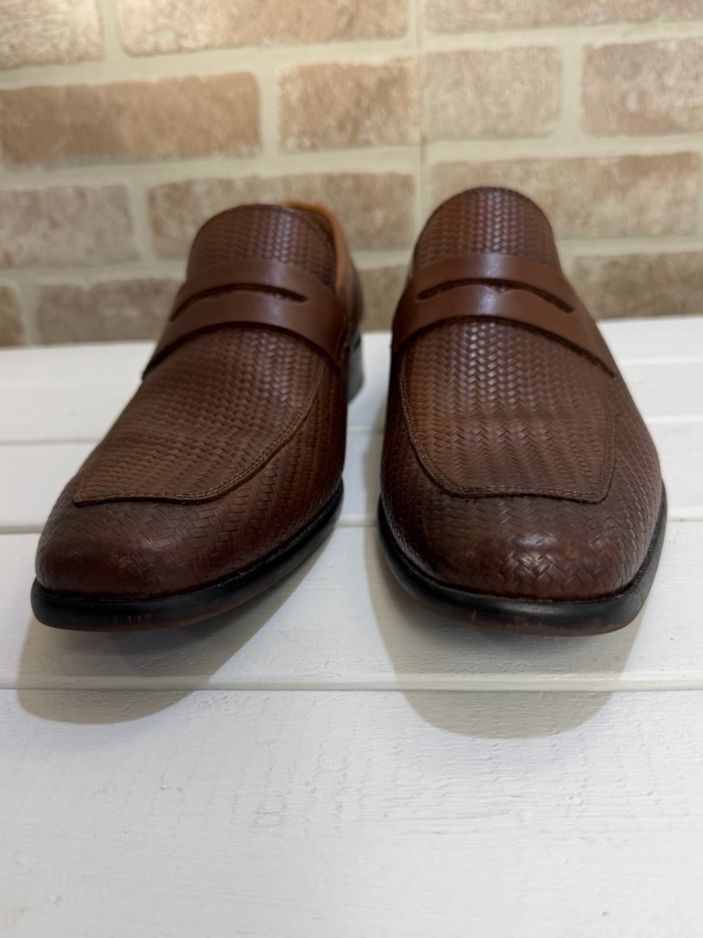 Florsheim Rucci Weave Penny Loafers Mens 8D Cognac Leather Moc Toe - Picture 4 of 11